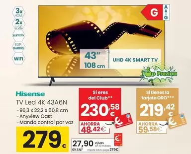 Oferta de Hisense - TV Led 4K 43A6N por 279€ en Eroski