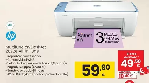 Oferta de HP - Multifunción DeskJet 2822e All-in-One por 59,9€ en Eroski