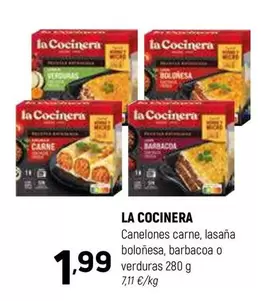 Oferta de La Cocinera - Canelones Carne, Lasaña Boloñesa, Barbacoa O Verduras por 1,99€ en Coviran