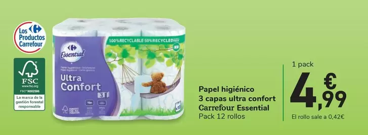 Oferta de Carrefour Essential - Papel Higiénico 3 Capas Ultra Confort por 4,99€ en Carrefour Express