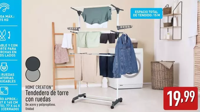 Oferta de Home Creation - Tendedero De Torre Con Ruedas por 19,99€ en ALDI