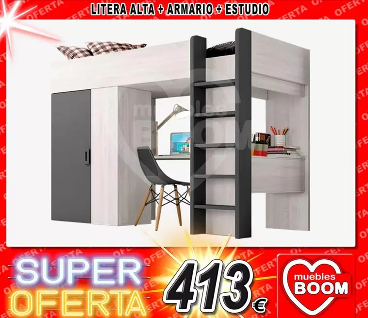 Oferta de Litera Alta + Armario + Estudio por 413€ en Muebles Boom