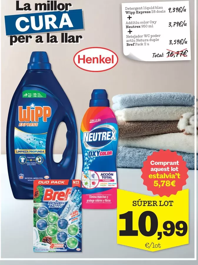 Oferta de WiPP Express - Detergent Líquid Blau + Neutrex - Additiu Color Oxy + Bref - Netejador WC Poder Actiu Natura Duple por 10,99€ en Sorli