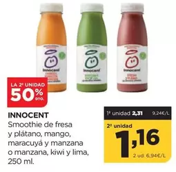 Oferta de Innocent - Smoothie De Fresa Y Platano, Mango, Maracuya Y Manzana O Manzana, Kiwi Y Lima por 2,31€ en Alimerka