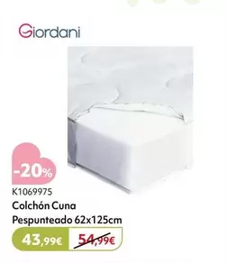 Oferta de Giordani - Colchon Cuna  Pespuntes 62X125 Cm por 43,99€ en Prénatal