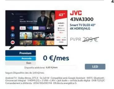 Oferta de JVC -  43VA3300 Smart TV DLED 43" 4K HDR10/HLG por 299€ en Movistar