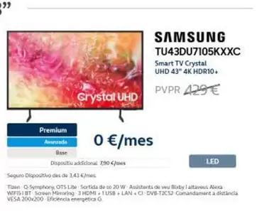 Oferta de Samsung -  TU43DU7105KXXC Smart TV Crystal UHD 43" 4K HDR10+ por 429€ en Movistar