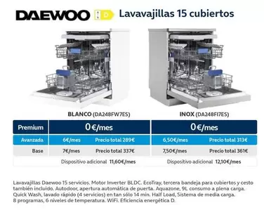 Oferta de Daewoo - Lavavajillas 15 Cubiertos por 289€ en Movistar