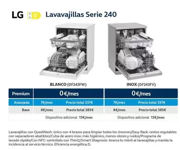 Oferta de LG - Lavavajillas Serie 240 por 337€ en Movistar