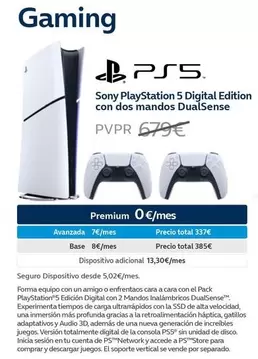 Oferta de Sony - PlayStation 5 Digital Edition Con Dos Mandos DualSense por 679€ en Movistar