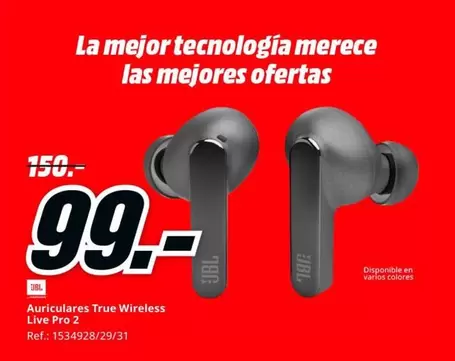 Oferta de JBL - Auriculares True Wireless Live Pro 2 por 99€ en MediaMarkt