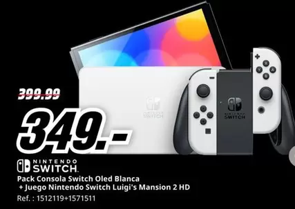 Oferta de Nintendo - Pack Consola Switch Oled Blanca "juego  Switch Luigi's Mansion 2 Hd por 349€ en MediaMarkt