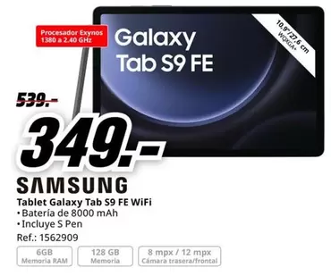 Oferta de Samsung - Tablet Galaxy Tab S9 FE Wifi por 349€ en MediaMarkt