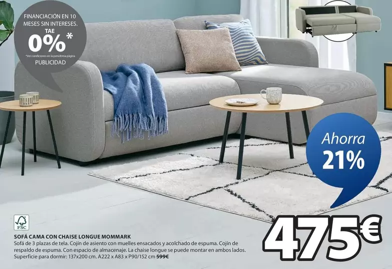 Oferta de Sofa Cama Con Chaise Longue por 475€ en JYSK