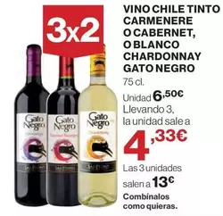 Oferta de Gato negro - Vino Chile Tinto Carmenere O Cabernet, O Blanco Chardonnay por 6,5€ en Hipercor