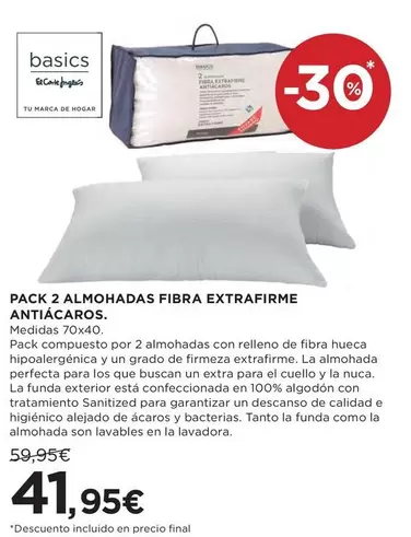 Oferta de Pack 2 Almohadas Fibra Extrafirme Antiácaros por 41,95€ en Hipercor