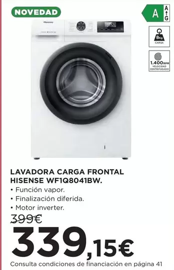 Oferta de Hisense - Lavadora Carga Frontal WF108041BW por 339,15€ en Hipercor