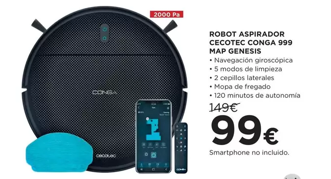 Oferta de Cecotec - Robot Aspirador Cecotec Conga 999 Map Genesis por 99€ en Hipercor