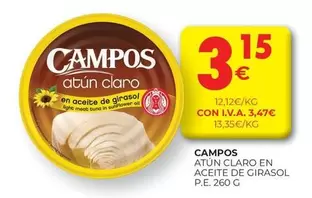 Oferta de Campos - Atún Claro En Aceite De Girasol por 3,15€ en CashDiplo