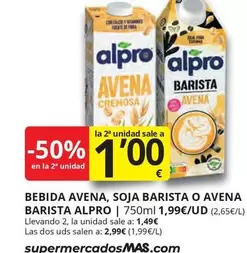 Oferta de Alpro - Bebida Avena, Soja Barista O Avena Barista por 1,49€ en Supermercados MAS