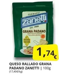 Oferta de Zanetti - Queso Rallado Grana Padano por 1,74€ en Supermercados MAS