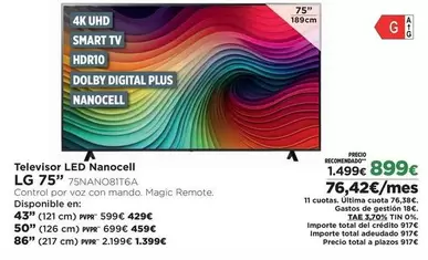 Oferta de LG - Televisor Led Nanocell 75" 75nano8116a por 899€ en El Corte Inglés