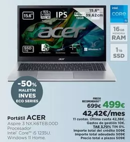 Oferta de Acer - Portátil por 499€ en El Corte Inglés