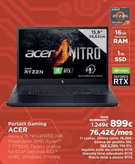 Oferta de Acer - Portátil Gaming por 899€ en El Corte Inglés