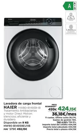 Oferta de Haier - Lavadora De Carga Frontal por 424,15€ en El Corte Inglés