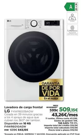 Oferta de LG - Lavadora De Carga Frontal por 509,15€ en El Corte Inglés