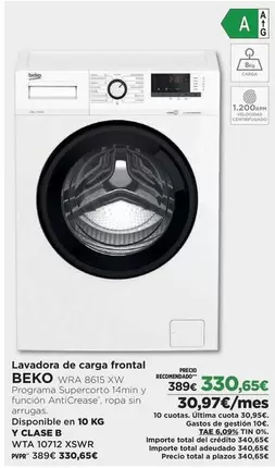 Oferta de Beko - Lavadora De Carga Frontal por 330,65€ en El Corte Inglés