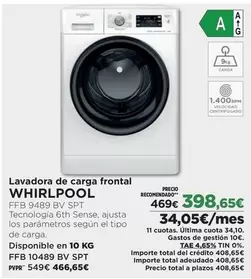 Oferta de Whirlpool - Lavadora De Carga Frontal por 398,65€ en El Corte Inglés