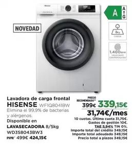 Oferta de Hisense - Lavadora De Carga Frontal por 339,15€ en El Corte Inglés