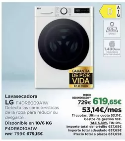 Oferta de LG - Lavasecadora F4dr6009aiwa por 619,65€ en El Corte Inglés