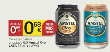 Oferta de Amstel -  Cerveza Tostada O Tostada 0,0 Oro por 0,68€ en Consum