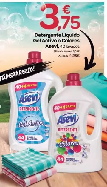 Oferta de Asevi - Detergente Liquido Gel Activo O Colores por 3,75€ en Supermercados El Jamón