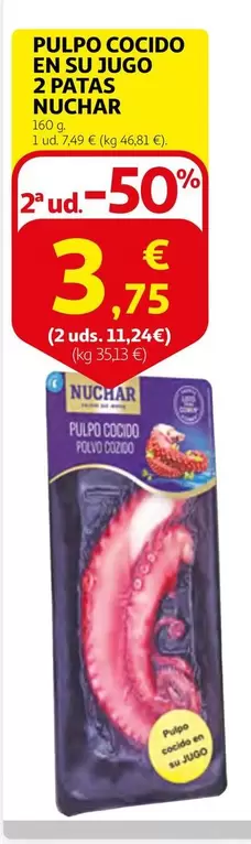 Oferta de Pulpo -  Cocido En Su Jugo 2 Patas por 3,75€ en Alcampo