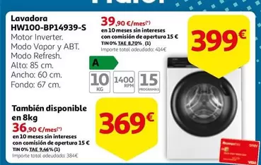 Oferta de Hoover - Lavadora Hw100-bp14939-s por 399€ en Alcampo