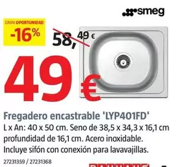 Oferta de Smeg - Fregadero Encastrable 'LYP401FD' por 49€ en BAUHAUS