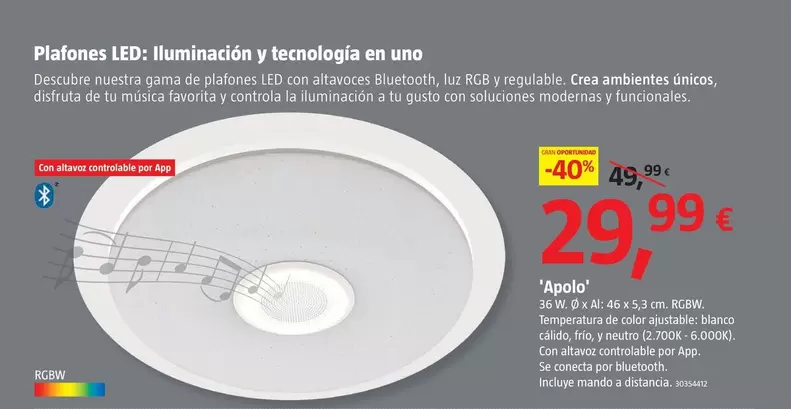 Oferta de Plafones LED: Iluminacion Y Tecnologia En Uno 'Apolo' por 29,99€ en BAUHAUS