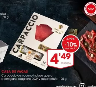 Oferta de Reggiano - Carpaccio De Vacuno Incluye Queso Parmigiano  DOP Y Salsa Tartufo por 4,49€ en Supermercados Plaza