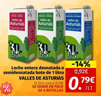 Oferta de Valles De Asturias - Leche Entera Desnatada O Semidesnatada Bote De 1 Litro por 0,79€ en Maskom Supermercados