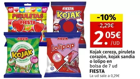 Oferta de Fiesta - Kojak Cereza, Piruleta Corazon, Kojak Sandia O Lolipo En Bolsa De 7 Ud por 2,05€ en Maskom Supermercados