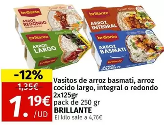 Oferta de Brillante - Vasitos De Arroz Basmati, Arroz Cocido Largo, Integral O Redondo por 1,19€ en Maskom Supermercados