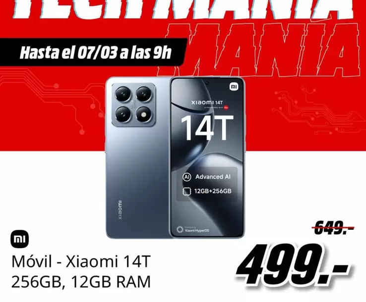 Oferta de Xiaomi - Movil -  14t 256gb, 12gb Ram por 499€ en MediaMarkt