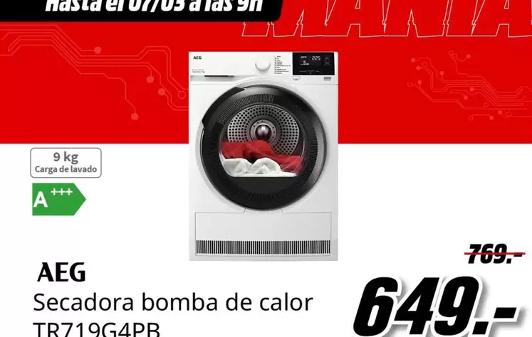 Oferta de AEG - Secadora Bomba De Calor TR719G4PR por 649€ en MediaMarkt