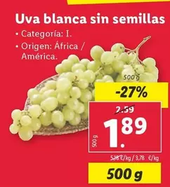 Oferta de Uva Blanca Sin Semillas por 1,89€ en Lidl