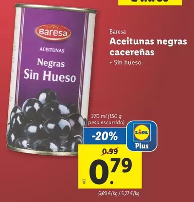 Oferta de Baresa - Aceitunas Negras Cacerenas por 0,79€ en Lidl