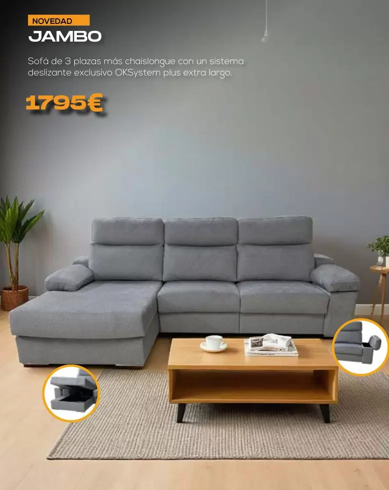 Oferta de Jambo Sofá De 3 Plazas Más Chaislongue Con Un Sistema Deslizante Exclusivo OKSystem Plus Extra Largo por 1795€ en OKSofas