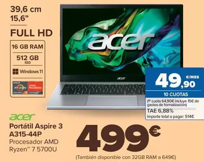 Oferta de Acer - Portatil Aspire 3 A315-44P por 499€ en Carrefour